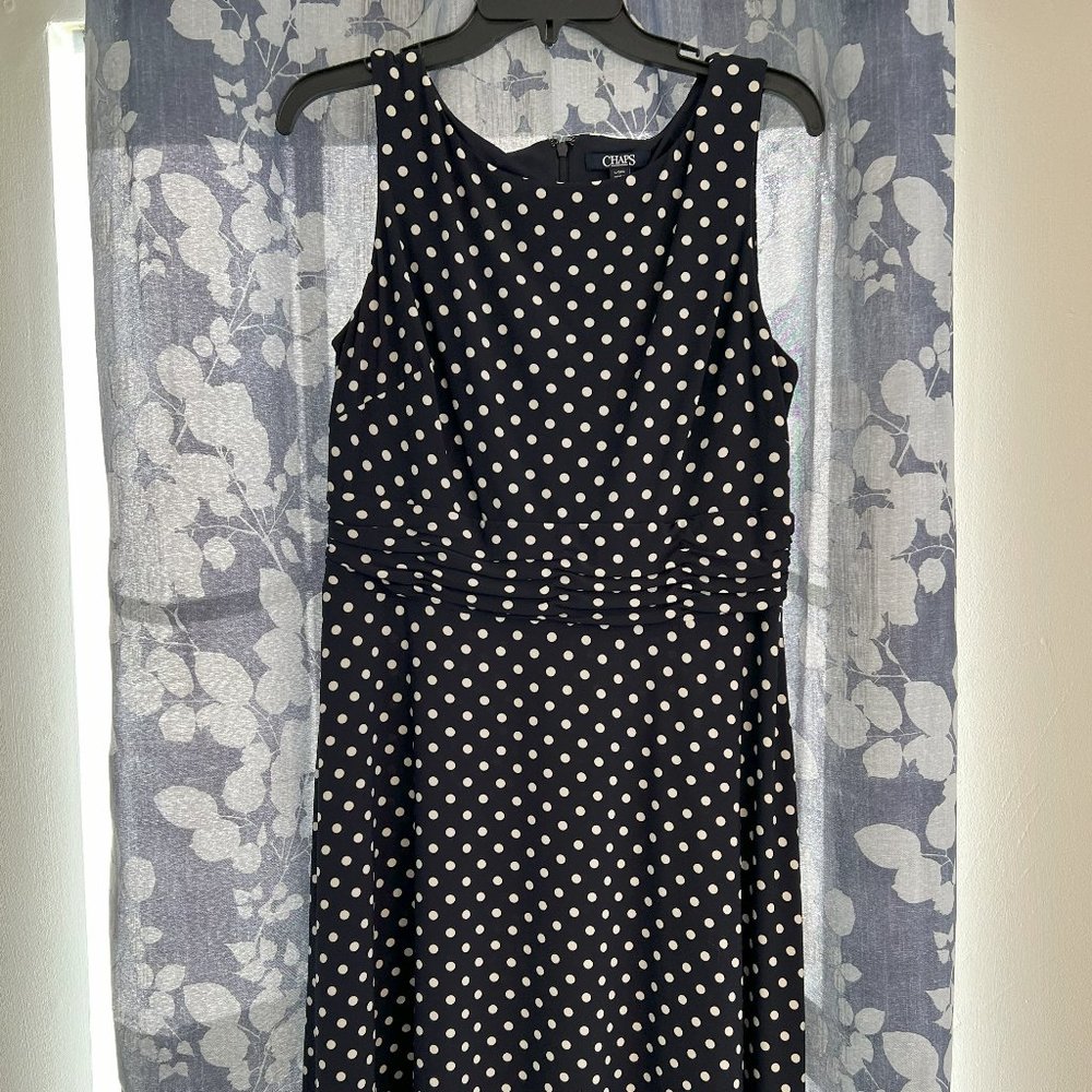 Chaps Polka Dot Dress Large Dot Sleeveless Gathered Waist midi L knee white